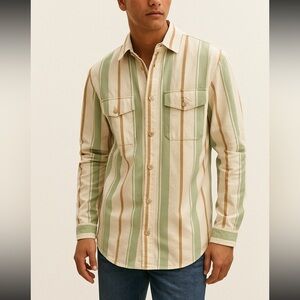 Zara Men's Casual Striped Shirt in Green and Tan